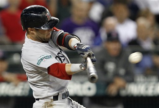 Boston Red Sox's Dustin Pedroia lines out with a pair of runners on base against the Seattle Mariners in the third inning of a baseball game Thursday, June 28, 2012, in Seattle. (AP Photo/Elaine Thompson)