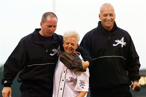 Cal Ripken Jr., right, and his brother, Bill, with their mother, Vi, in a 2002 file photo.