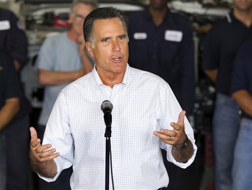 Republican presidential candidate, former Massachusetts Gov. Mitt Romney, talks about jobs during a campaign stop at Middlesex Truck and Coach on Thursday in Roxbury, Mass.
