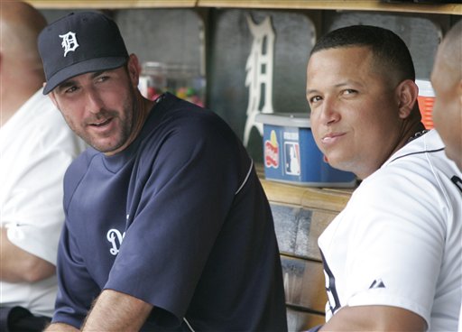 Detroit Tigers' Justin Verlander, left, and Miguel Cabrera visit in the dugout during a baseball game against the Kansas City Royals Sunday, July 8, 2012, in Detroit. (AP Photo/Duane Burleson)