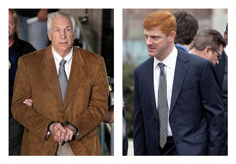 In this combination of 2012 file photos, former Penn State University assistant football coach Jerry Sandusky, left, leaves the Centre County Courthouse in Bellefonte, Pa. in handcuffs, and former Penn State assistant football coach Mike McQueary waits in line for a public viewing for Penn State football coach Joe Paterno in State College, Pa. A man who claims to be the unknown victim molested in a Penn State shower by Sandusky in a case that led to Paterno's firing intends to sue the university for its "egregious and reckless conduct" that facilitated the abuse, his lawyers said Thursday, July 26, 2012. The identity of so-called Victim 2 has been a central mystery in the Sandusky case, and jurors convicted Sandusky last month of offenses related to him judging largely by the testimony of McQueary, who was a team graduate assistant at the time and described seeing the attack. (AP Photo/Gene J. Puskar)