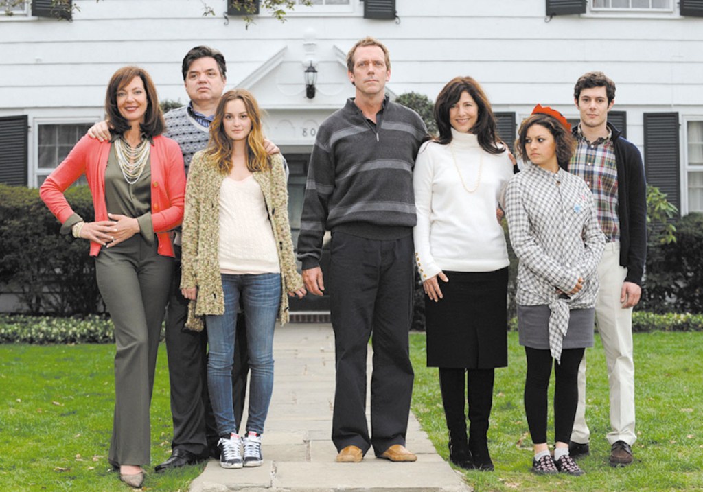 From left, Allison Janney, Oliver Platt, Leighton Meester, Hugh Laurie, Catherine Keener, Alia Shawkat and Adam Brody pose in “The Oranges.”