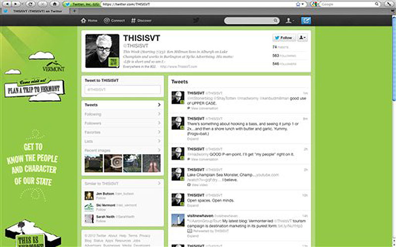 The Twitter page for Vermont Tourism is seen on Thursday, July 26, 2012. Copying Sweden, Vermont's tourism department has launched a new social media campaign that relies on its residents to tweet about why Vermont is a great place live, work and visit.The first tweeter, Ken Millman, who lives in Alburgh and works in Burlington, has tweeted about fishing, his commute and visiting his mother in Quebec.(AP Photo/Toby Talbott)