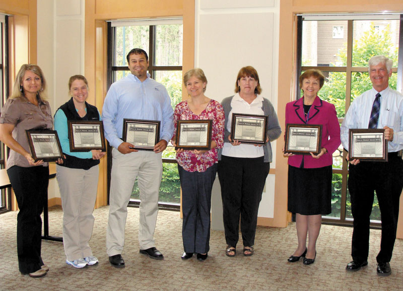 WorkSite Wellness Award recipients, from left, are Tricia Thomas, University of Maine at Farmington; Rebecca Scott, HealthQuest Chiropractic; Chris Guild, Community Concepts; Ginny Andrews, Western Maine Community Action; Ann Allison, NotifyMD; Rebecca Ryder, Franklin Community Health Network; and David Robie, Star Barn Bed and Breakfast. Absent: Leap Inc., Safe Voices and town of Jay.
