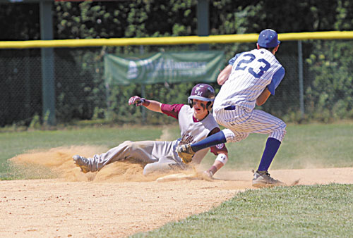 SAFE: Central Maine’s Trevor Gettig slides safely into second base ahead of the tag by Leominster, Mass. player Chris Lomax.
