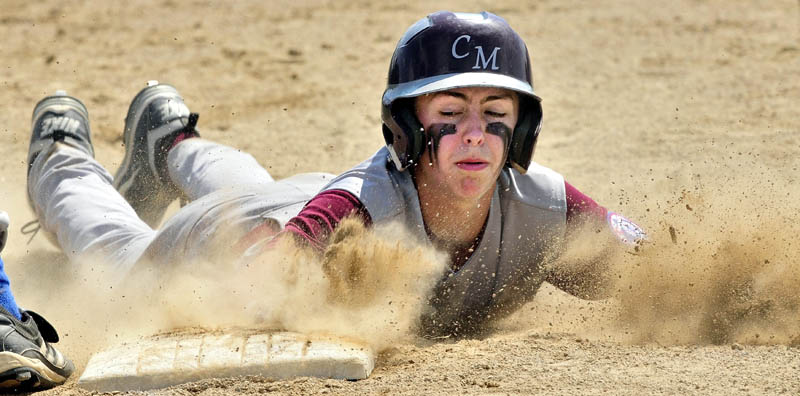 Central Maine’s Jared Cunningham slides back to first base during the 14-year-old Babe Ruth state champion tournament Sunday in Fairfield. Central Maine lost the first game 10-2 to Midcoast, but rebounded to win 4-1 in the if necessary game to win the state title.