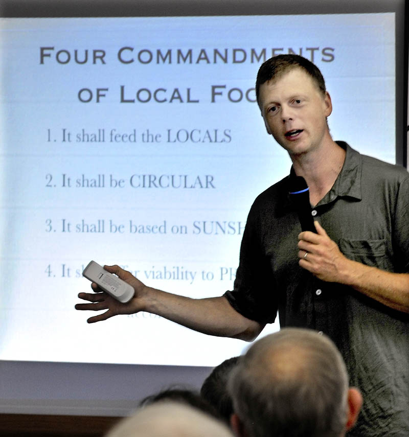 The 2012 Kneading Conference keynote speaker Ben Hewitt talks about his four commandments regarding local food in Skowhegan on Thursday.