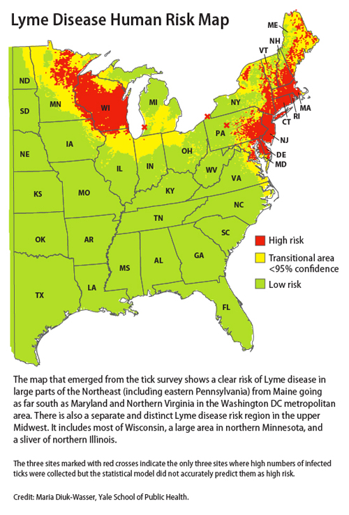 The map released by the Yale School of Public Health in February indicates areas where people have the highest risk of contracting Lyme disease based on 2004-2007 data. Lawmakers are pushing for a national strategy to combat Lyme Disease.