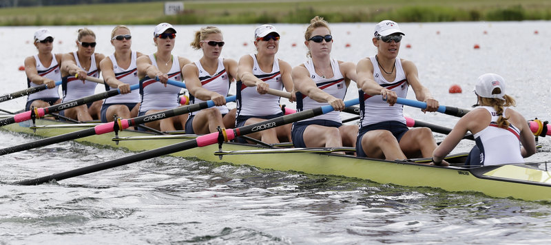 Eleanor Logan, sixth from left, and her teammates in the U.S. women’s eight boat qualified for Thursday’s Olympic final by winning their heat Sunday, by a margin of more than six seconds. Logan, of Boothbay Harbor, is seeking a second gold medal as part of a team that hasn’t lost in seven years.