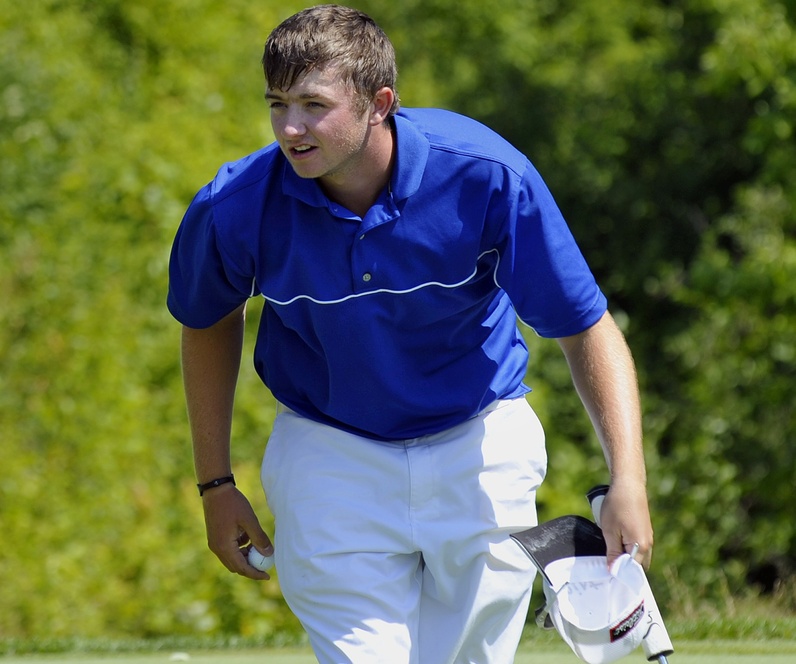 Photo by Gordon Chibroski / Staff Photographer. Thursday, July 12, 2012. 2012. Seth Sweet reacts with contained enthusiasm after parring the 18th and winning the tournament in Maine Amateur Golf action at Sunday River Golf Club in Newry, Maine.