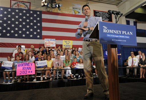 Republican Vice Presidential candidate, Rep. Paul Ryan, R-Wis. talks to supporters during a campaign rally in Lakewood, Colo., Tuesday, Aug. 14, 2012. (AP Photo/Jack Dempsey)