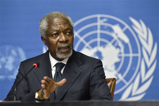 Kofi Annan, Joint Special Envoy of the United Nations and the Arab League for Syria, speaks during a press briefing, at the European headquarters of the United Nations, UN, in Geneva, Switzerland, Thursday Aug. 2, 2012. Annan is stepping down as UN Arab League mediator in the 17-month-old Syria conflict at the end of the month, U.N. chief Ban Ki-moon said in a statement on Thursday. (AP Photo/Keystone, Martial Trezzini)