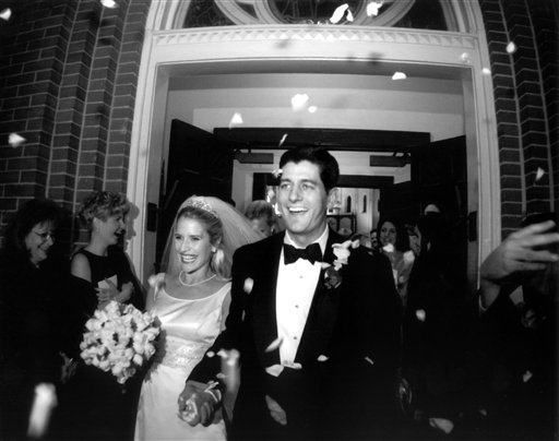 This undated photo provided by the Ryan family shows Paul Ryan and Janna Ryan on the day of their wedding. During his first term in Congress, Ryan met and married Janna Little, a lawyer and lobbyist from an affluent Oklahoma family, who was working in the Washington area. In the days since Republican presidential candidate, former Massachusetts Gov. Mitt Romney selected Ryan for the vice presidential slot on the Republican ticket, the now 42-year-old congressman's biography has become instant folklore. Lifelong resident of a little city in the heartland, embracing new responsibilities as a teen after the sudden death of his father. Devoted husband and father, devout Roman Catholic, avid deer hunter, fisherman and fitness buff. (AP Photo/Courtesy of the Ryan Family)