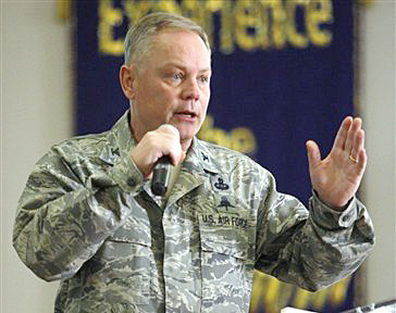 Air Force Col. Glenn Palmer, commander of the 737th Training Group at Lackland AFB, speaks to trainees in this March 2, 2012, photo.