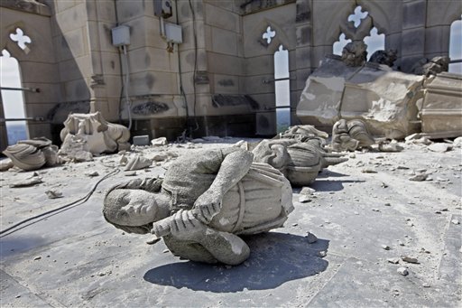 In this Aug. 24, 2011, photo, damage to the Washington National Cathedral is seen the day after a earthquake shook Washington and much of the East Coast.