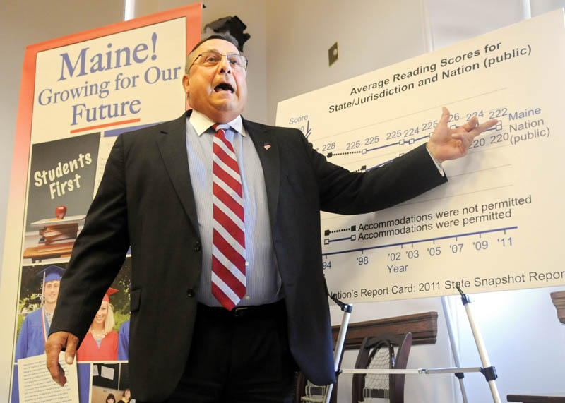 Governor Paul LePage talks during a press conference about a proposed education rule last week in Augusta. LePage's remark during the meeting --- "I don't care where you go in this country -- if you come from Maine, you're looked down upon now." -- has outraged many Mainers.