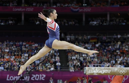 U.S. gymnast Alexandra Raisman jumps on the beam to start her exercise during the artistic gymnastics women's apparatus finals at the 2012 Summer Olympics, Tuesday in London.