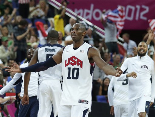 USA's Kobe Bryant celebrates a 3-pointer against Australia during a men's quarterfinals basketball game Wednesday at the 2012 Summer Olympics in London. 2012 London Olympic Games Summer Olympic games Olympic games Sports Events XXX Olympiad