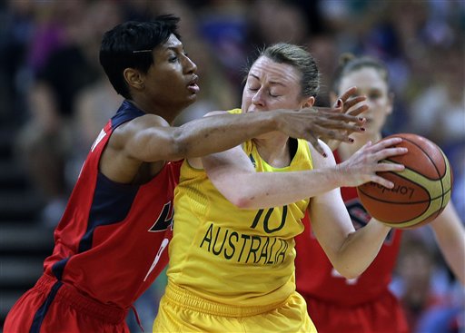 USA's Angel McCoughtry, left, pressures Australia's Kristi Harrower (10) during a semifinal women's basketball game Thursday at the 2012 Summer Olympics. 2012 London Olympic Games Summer Olympic games Olympic games Sports Events XXX Olympiad