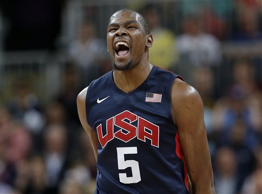 USA's Kevin Durant reacts after hitting a three point basket during a preliminary men's basketball game against Argentina at the 2012 Summer Olympics, Monday, Aug. 6, 2012, in London. (AP Photo/Eric Gay) 2012 London Olympic Games Summer Olympic games Olympic games Sports Events XXX Olympiad