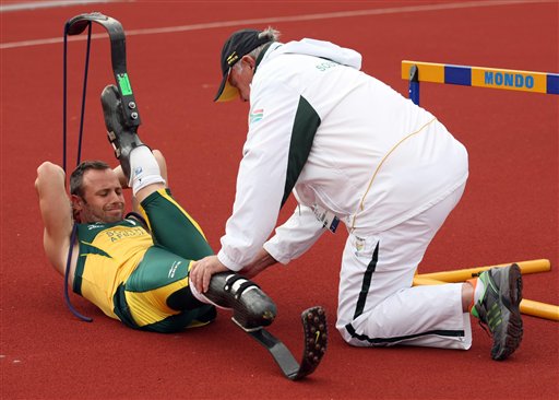 South Africa's Oscar Pistorius during a training session at Mayesbrook Park Arena in Barking, England on Monday. The 2012 Summer Paralympic Games will will take place between Aug. 29 to Sept. 9.