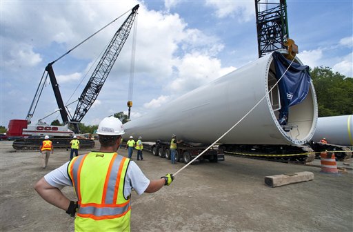 The first wind turbine components arrive at the Kingdom Community Wind project in Lowell, Vt., on July 16.