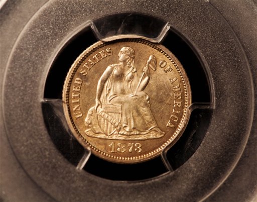 This 1873 dime from Carson City, Nev., sold at auction for $1.84 million.