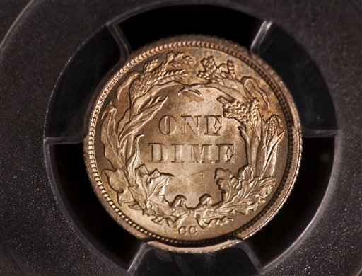 The "tails" side of the 1873 dime that sold at auction in Philadelphia.