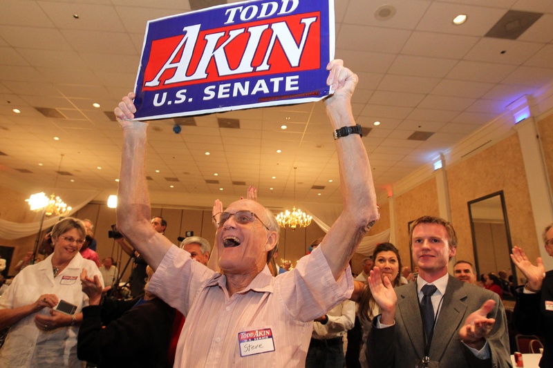 Steve Holloway of Lincoln County, Mo., celebrates word that U.S. Senate candidate Todd Akin won the GOP primary at a campaign party in St. Charles, Mo., on Tuesday. campaign;Lincoln County;Missouri;politics;primary;Republican Party;Steve Holloway;todd akin;United States Senate;us senate