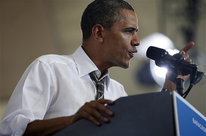 President Barack Obama speaks at a campaign event, Wednesday, Aug. 29, 2012 in Charlottesville, Va. (AP Photo/Pablo Martinez Monsivais)