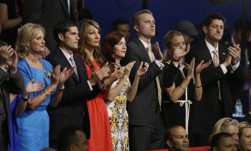 Republican vice presidential nominee, Rep. Paul Ryan along with Ann Romney, wife of U.S. Republican presidential nominee Mitt Romney, far left, applaud during Florida Senator Marco Rubio's speech at the Republican National Convention in Tampa, Fla., on Thursday, Aug. 30, 2012. (AP Photo/Lynne Sladky)