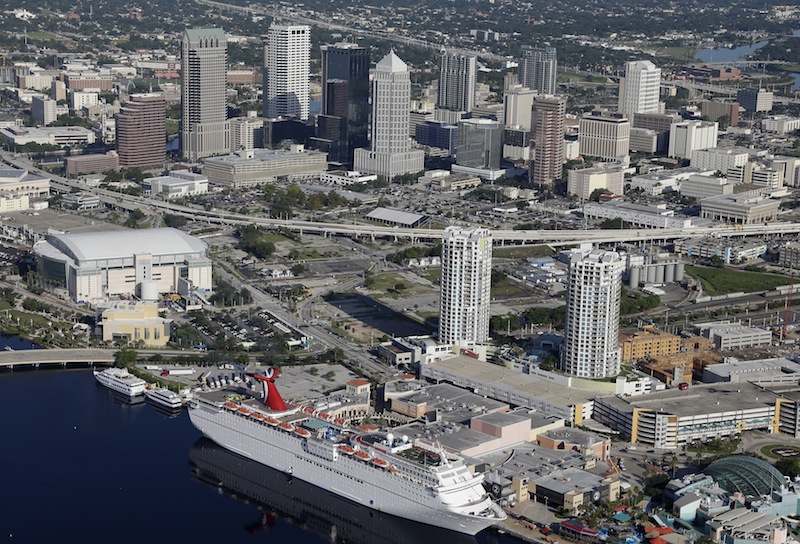 The Tampa, Fla., skyline is shown Thursday, Aug. 16, 2012, in Tampa, Fla., The Tampa Bay Times Forum, left center, is the site of the 2012 Republican National Convention. The Tampa Bay Times Forum is the site of the 2012 Republican National Convention, which will be held the week of August 27. (AP Photo/Chris O'Meara) Republican National Convention Tampa;Fla.;Skyline;2012 RNC