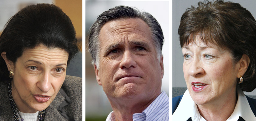 Sen. Olympia Snowe, presidential candidate Mitt Romney and Sen. Susan Collins.