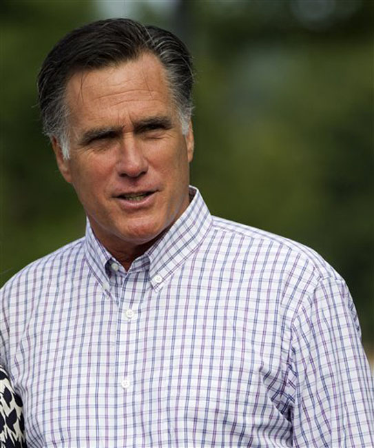 Republican presidential candidate, former Massachusetts Gov. Mitt Romney leaves Brewster Academy after working on convention preparations, Monday, Aug. 27, 2012, in Wolfeboro, N.H. (AP Photo/Evan Vucci)