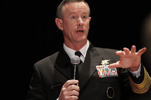FILE - Navy Adm. Bill McRaven, commander of the U.S. Special Operations Command, addresses the National Defense Industrial Association (NDIA), in Washington, in this Feb. 7, 2012 file photo. Special operations chief McRaven is warning he will take legal action against anyone under his command if they're found guilty of exposing sensitive information that could cause fellow forces harm. In an email Thursday Aug. 23, 2012 to special operations forces and obtained by The Associated Press, McRaven threatens to pursue �every option available to hold members accountable, including criminal prosecution.� (AP Photo/Charles Dharapak, File)