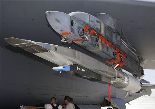 The X-51A WaveRider hypersonic flight test vehicle is attached to a U.S. Air Force B-52 at Edwards Air Force Base.