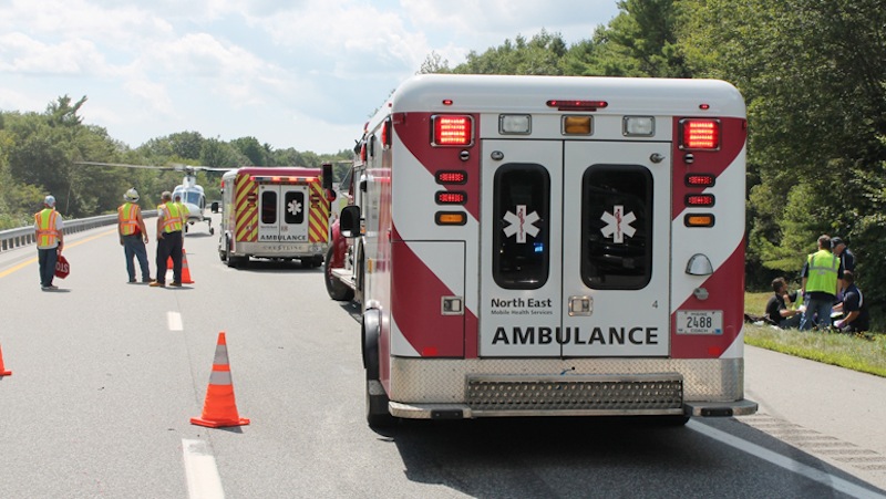 Ambulances respond to a crash on Interstate 295 in Bowdoinham.