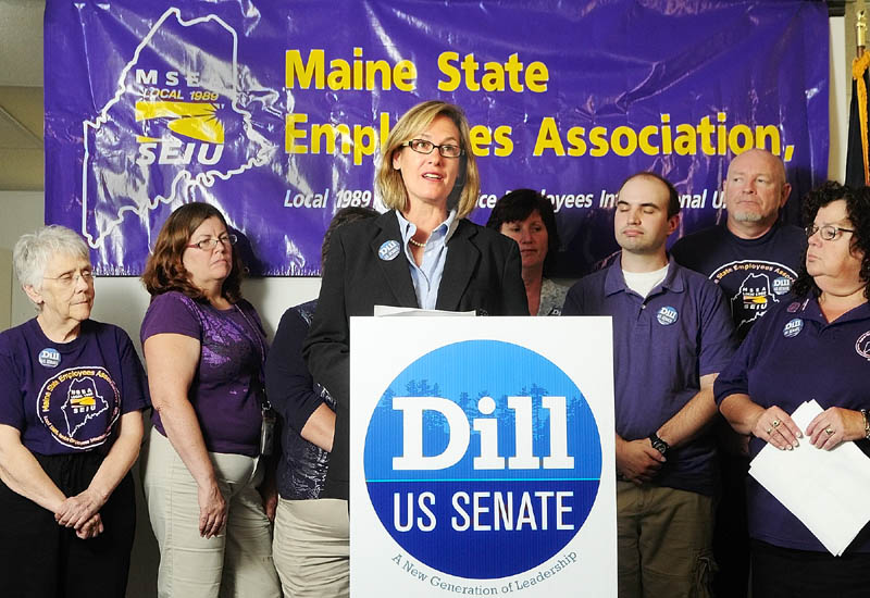 Cynthia Dill, the Democratic nominee, speaks after the Maine State Employees Association SEIU Local 1989, representing more than 15,000 public and private sector workers throughout Maine, announced Tuesday in Augusta that it supports her U.S. Senate campaign.