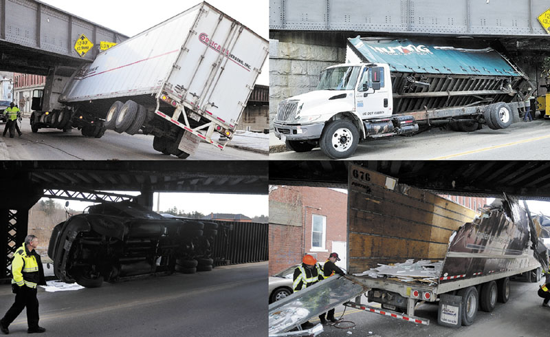 Four truck accidents during the last nine months are seen at the train trestle on Water Street in Augusta. The accidents happened Nov. 14, 2011, bottom right; Jan. 11, 2012, bottom left; Feb. 14, 2012, top left; and July 19, 2012, top right.