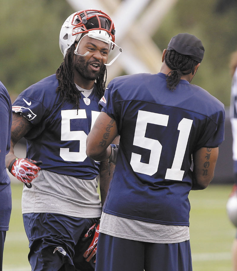 LOOKING FOR HELP: Brandon Spikes, left, and Jerod Mayo are both back at linebacker for the New England Patriots. In the offseason, the Patriots made moves to improve at the linebacker position.