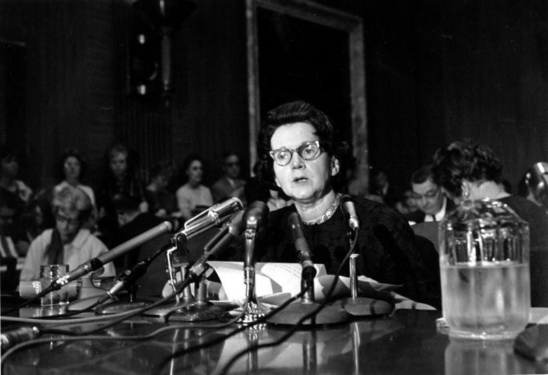 Rachel Carson, whose book “Silent Spring” led to scrutiny of pesticides, testifies before a Senate subcommittee in Washington, D.C., on June 4, 1963. She urged Congress to curb aerial spraying and the sale of chemical pesticides.