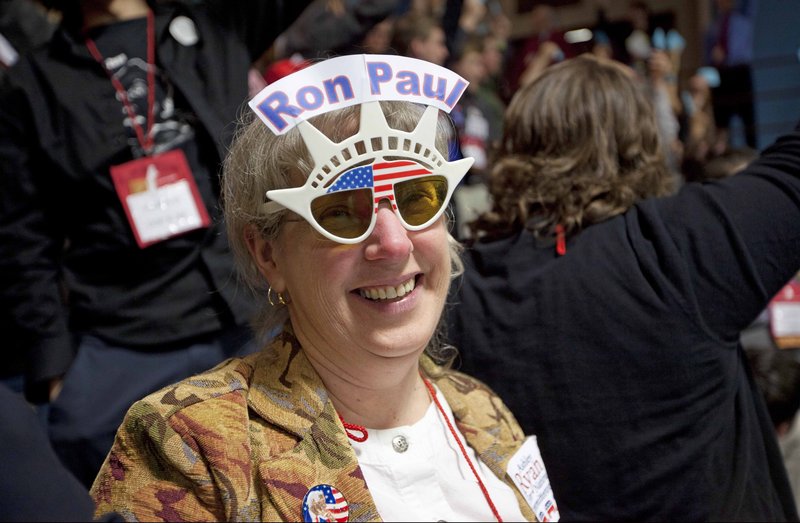 This photo shows Linda Silvia, a Ron Paul supporter at Maine's GOP convention in Augusta in May.
