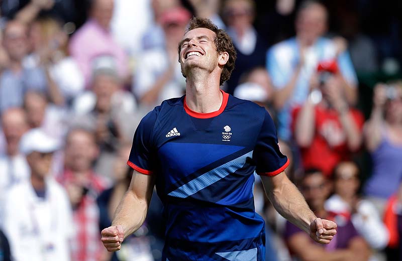 Britain's Andy Murray celebrates after defeating Switzerland's Roger Federer to win the men's singles gold-medal match Sunday in London. 2012 London Olympic Games Summer Olympic games Olympic games Spo