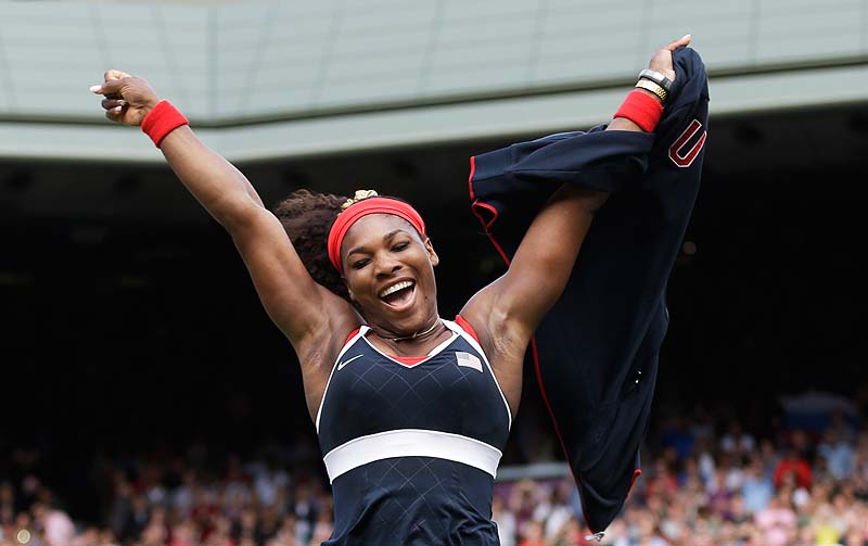 Serena Williams of the U.S. celebrates after defeating Maria Sharapova of Russia to win the women's singles gold-medal match at the 2012 Summer Olympics Saturday in London. 2012 London Olympic Games Summer Olympic games Olympic games Spo