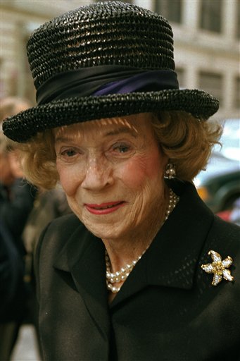 FILE - In this May 1, 1997 file photo, Brooke Astor attends a function in New York. The immaculately dressed grande dame of New York City - philanthropist, taste-setter and host extraordinaire - died in 2007 at the age of 105. Sotheby's New York will conduct a two-day auction on Sept. 24-25, 2012 of some 900 personal items from Astor's Park Avenue duplex and her stone manor in Westchester. (AP Photo/Serge J.F. Levy, File)