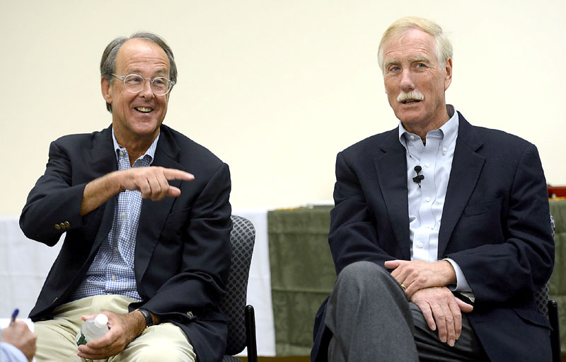 Erskine Bowles, former Clinton chief of staff and chair of the U.S. Debt Reduction Commission, speaks with reporters Sunday along with Angus King at the University of Southern Maine in Portland.