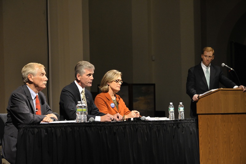 The first multimedia debate in the race for Maine's open U.S. Senate seat was held at the Franco American Heritage Center in Lewiston on Monday, Sept 17, 2012. Candidates from left: Angus King, Independent, Charlie Summers, Republican, and Cynthia Dill, Democratic.