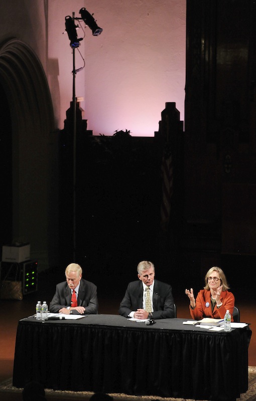 The first multimedia debate in the race for Maine's open U.S. Senate seat was held Monday, Sept. 17, 2012 at the Franco American Heritage Center in Lewiston. Candidates from left: Angus King, Independent, Charlie Summers, Republican, and Cynthia Dill, Democratic.