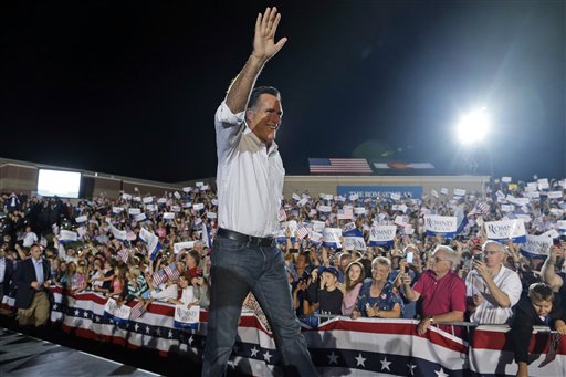 Republican presidential candidate and former Massachusetts Gov. Mitt Romney campaigns at D�Evelyn High School in Denver, Sunday, Sept. 23, 2012. (AP Photo/Charles Dharapak)