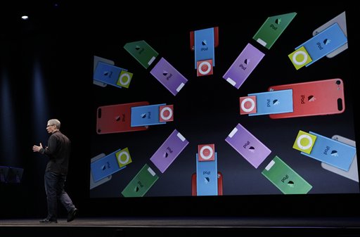 Apple CEO Tim Cook talks about the company's new iPods during an introduction of new products in San Francisco, Wednesday, Sept. 12, 2012. (AP Photo/Eric Risberg)